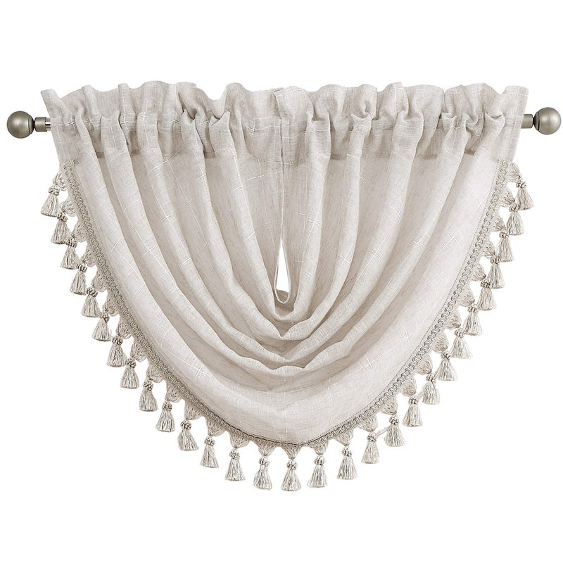 Central Park Linen Waterfall Valance Window Curtain Linen Texture White GEO Embroidery Rod Pocket for Living and Bedroom Semi Sheer Kitchen Curtain, 56"x38", 1 Piece - Image 1